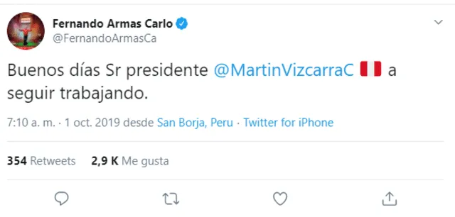 Mensaje de Fernando Armas que generó polémica en Twitter. (Foto: captura)