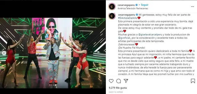 César Vega demuestra su felicidad en redes sociales tras debut en El artista del año. Foto: César Vega/ Instagram