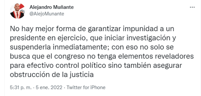 El congresista Alejandro Muñante se pronunció a través de sus redes sociales.