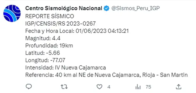  Sismo de 4.4 en San Martín. Foto: IGP<br><br>    