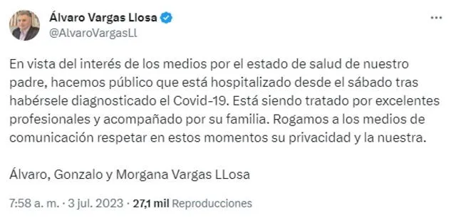 Álvaro Vargas Llosa informa sobre la situación de salud de su Mario Vargas Llosa. Foto: Twitter   
