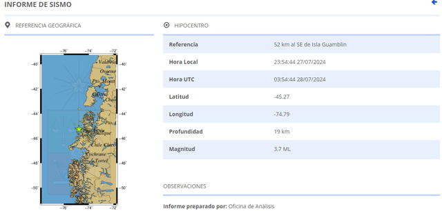 Información del último sismo en Chile. Foto: CSN   