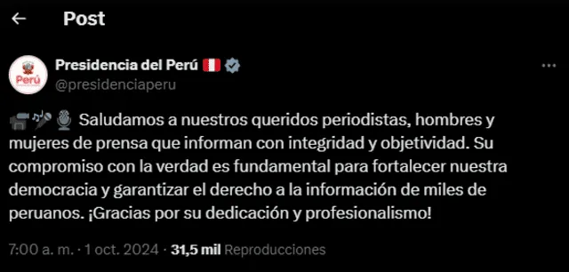 Comunicado de la Presidencia del Perú. Foto: Red social X   