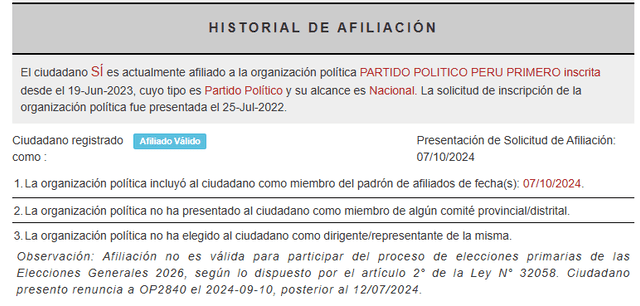 Actual afiliación de Liliana Pizan Chirado. Foto: JNE Actual afiliación de Liliana Pizan Chirado. Foto: JNE