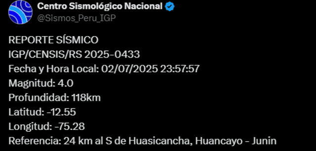  Sismo de magnitud 4.0 sacude Junín. Foto: IGP   