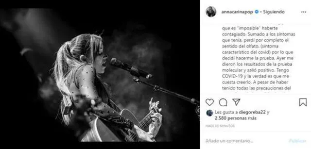 Anna Carina Copello confiesa en Instagram que dio positivo con coronavirus.