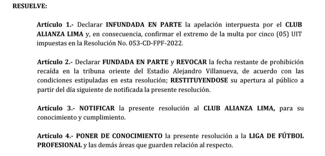 Alianza Lima, resolución