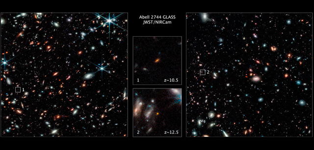 De las dos galaxias halladas por el James Webb, z12 es la más lejana y antigua. Foto: NASA / ESA