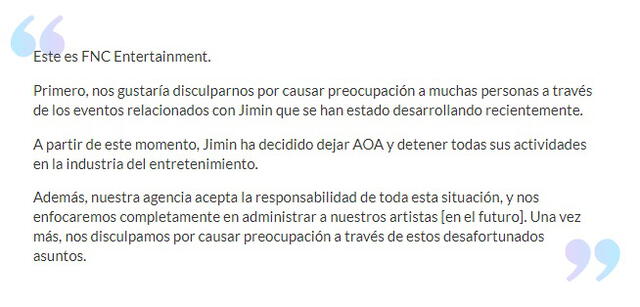 4.7.2020. Comunicado de la agencia de AOA. Crédito: captura Soompi