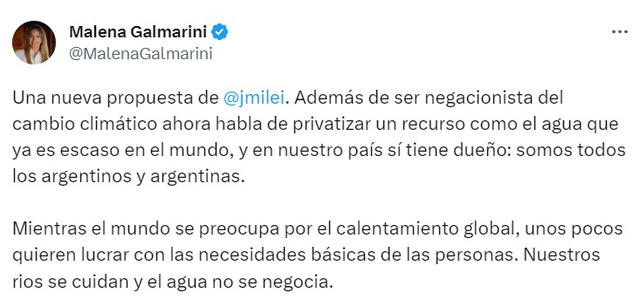 Malena Galmarini le respondió a Javier Milei. Foto: captura @MalenaGalmarini/Twitter   