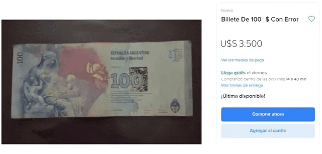 El billete de 100 pesos argentinos que tiene error en la impresión. Foto: Mercado Libre   