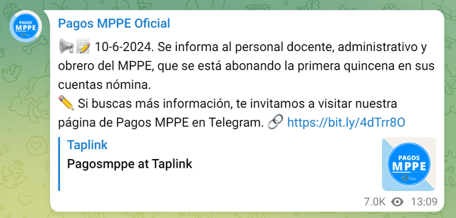 Todavía no se anuncia el pago de la segunda quincena del MPPE. Sin embargo, ya se depositó el abono de la primera quincena el pasado 10 de junio de 2024. Foto: Telegram.   