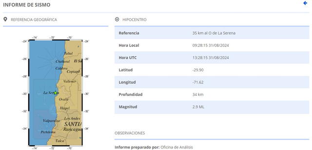 Información del último sismo en Chile. Foto: CSN 