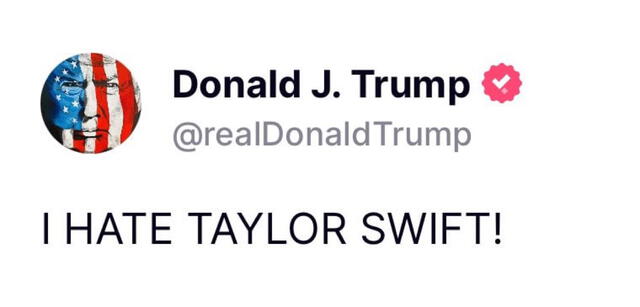 El magnate usó su cuenta de Truth Social para señalar que 'odia' a Taylor Swift. Foto: realDonaldTrump   