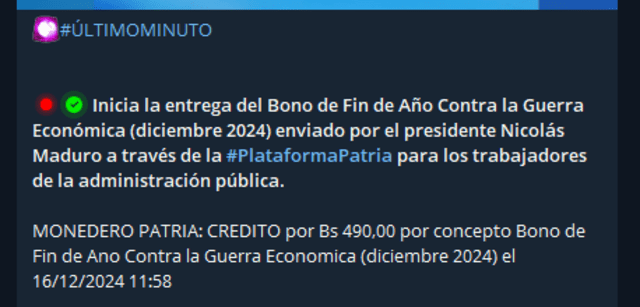 El Bono de Fin de Año contra la Guerra Económica se activó el 16 de diciembre. Foto: Canal Patria Digital/ Telegram