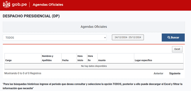 Portal de trasparencia no muestra actividades oficiales programadas en la agenda de Dina Boluarte.   