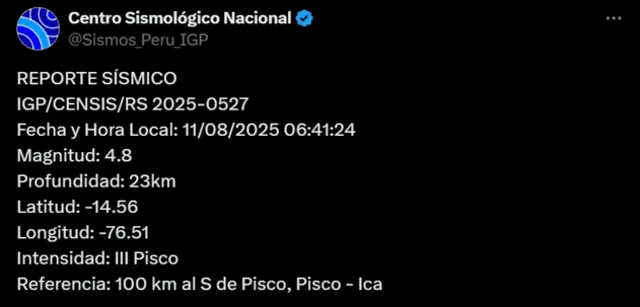  Sismo de magnitud de 4,8 sacude Ica. Foto: IGP   