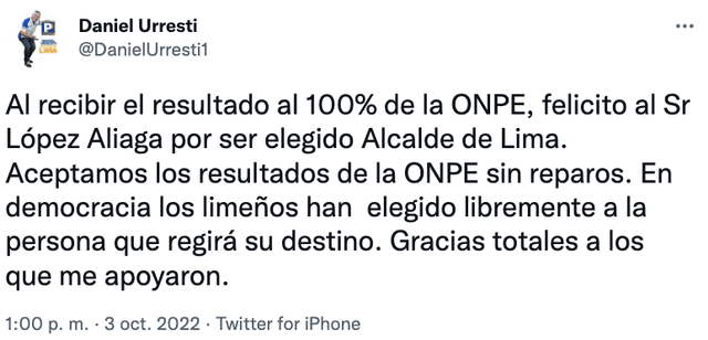 El excandidato a la alcaldía de Lima por Podemos Perú reconoció la victoria de Rafael López Aliaga. Foto: captura de Twitter