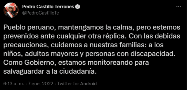 Tuit de Pedro Castillo. Foto: captura de Twitter