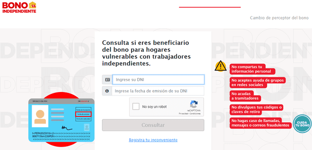 La plataforma online del bono independiente. Foto: captura.