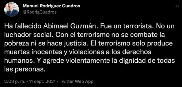 Manuel Rodríguez Cuadros se pronunció sobre muerte de terrorista Abimael Guzmán. Foto: captura/Twitter