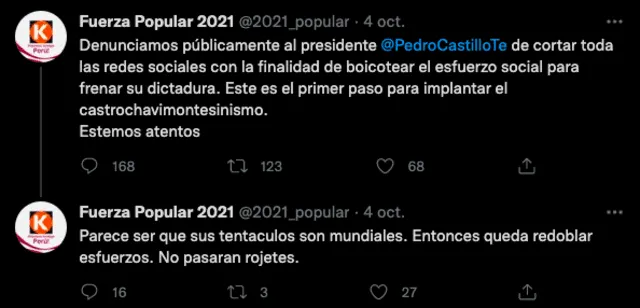 Tuits publicados por la cuenta apócrifa @2021_popular. Foto: Twitter