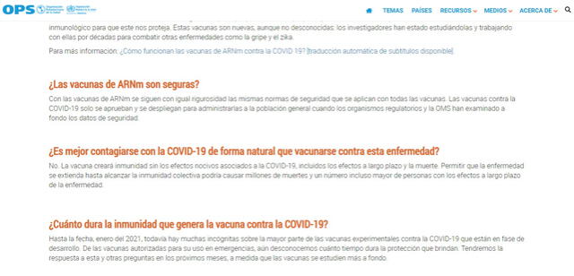 Información sobre vacunas contra la COVID-19. Foto: captura de web OPS.