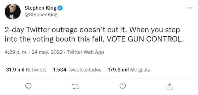 Stephen King pidió votar por el control de armas. Foto: captura Twitter.