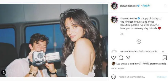 Shawn Mendes dedica mensaje de cumpleaños a Camila Cabello. Foto. Shawn Mendes/Instagram.