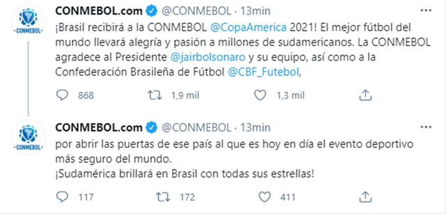 Copa América se jugará en Brasil. Foto: Conmebol