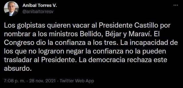 Ministro Aníbal Torres rechaza moción de vacancia presidencial contra el presidente Pedro Castillo. Foto: Captura de Twitter