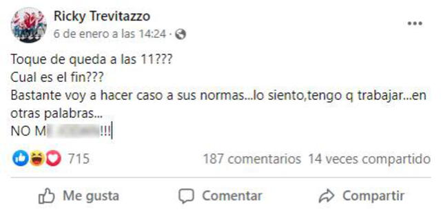 Ricky Trevitazo no respetará toque de queda. Foto: captura/Facebook