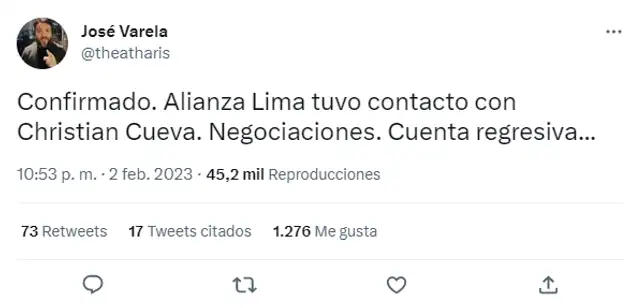 El periodista José Varela informó sobre las negociaciones entre Cueva y Alianza Lima. Foto: captura/Twitter José Varela El periodista José Varela informó sobre las negociaciones entre Cueva y Alianza Lima. Foto: captura/Twitter José Varela