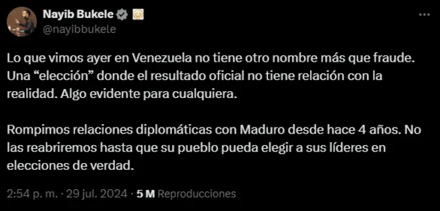  Pronunciamiento de Bukele sobre elecciones en Venezuela 2024. Foto: captura de X    