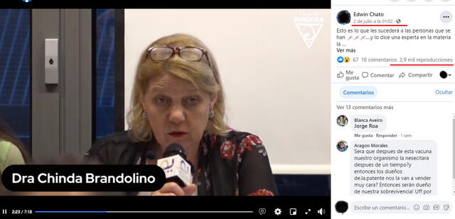 Video viralizado en Facebook, con afirmaciones de Chinda Brandolino sobre las vacunas contra la COVID-19. FOTO: Captura de Facebook.