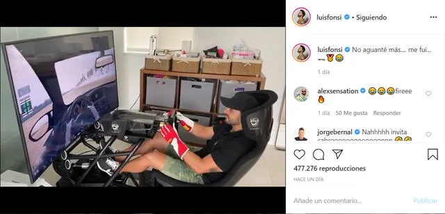 La publicación en Instagram de Luis Fonsi, donde aparece pegado a un videojuego de carreras.