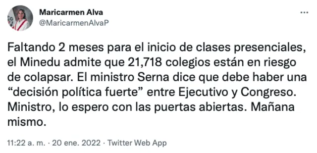 María del Carmen Alva se pronunció sobre el regreso a clases. Foto: @MaricarmenAlvaP /Twitter