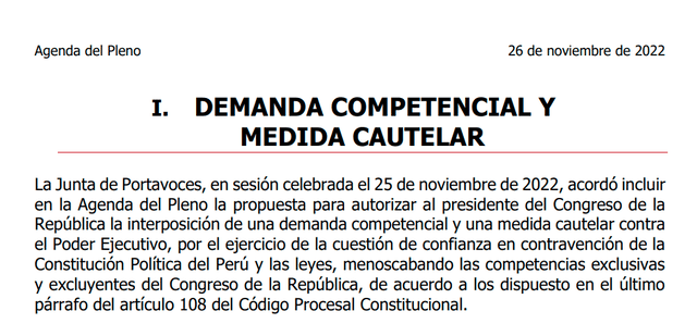 Solicitarán interponer demanda competencial contra interpretación del Gobierno sobre cuestión de confianza