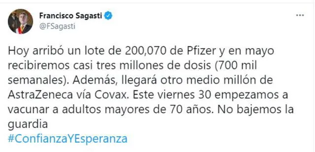 Presidente de la República confirmó arribo de nuevo lote de vacuna de Pfizer. Foto: captura/Twitter