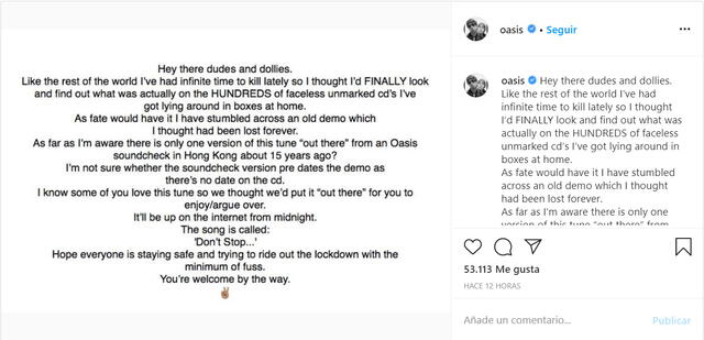 Noel Gallagher compartió un mensaje en la cuenta de Instagram de Oasis.