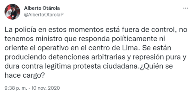 Tuit de Alberto Otárola sobre represión en marchas de noviembre de 2020. Foto: captura de Twitter