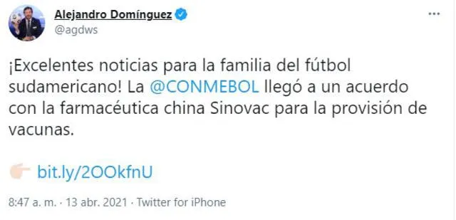 Mensaje del presidente de la CONMEBOL. Foto: Twitter