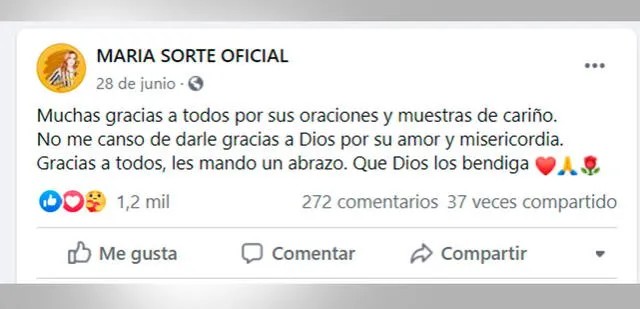 28.6.2020. Post de María Sorté sobre el atentado contra su hijo a manos del Cártel de Jalisco. Crédito: captura Facebook