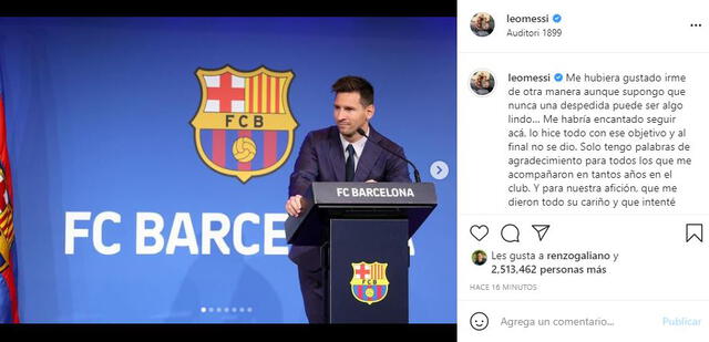 Mensaje de despedida de Lionel Messi. Foto: Instagram