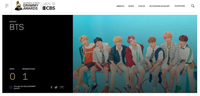 BTS en el web site de los GRAMMY. Foto: captura web site Recording Academy