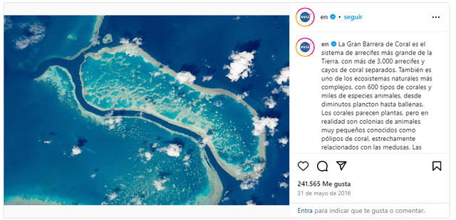 La NASA hizo público su informe, por medio de su cuenta oficial de Instagram. Captura: Instagram/NASA.   
