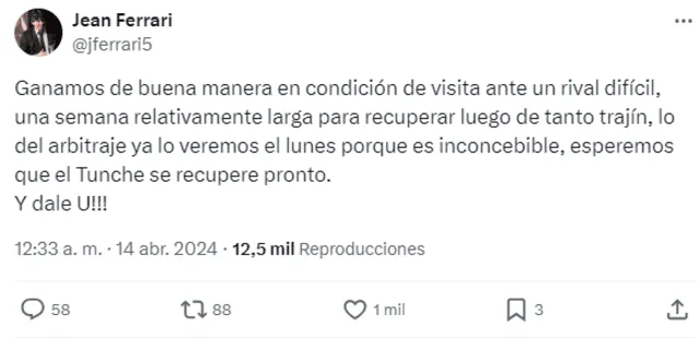 Jean Ferrari habló sobre el arbitraje. Foto: captura de X/Jean Ferrari.   