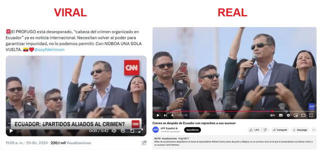 <em>Comparación entre una de las escenas que exponen a Rafael Correa. Foto: captura de X / YouTube</em>   