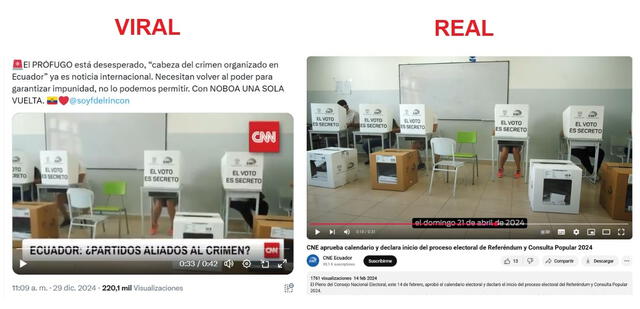 <em>Comparación de la escena alusiva al centro de votación. Foto: captura de X / YouTube</em>   