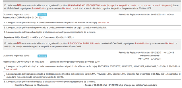 Gavidia Arrascue estuvo afiliado a APP y Renovación Popular. Foto: captura de pantalla/JNE   